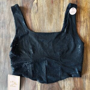 NWT Black Sequin Stretch Black Crop Corset Style Tank Top